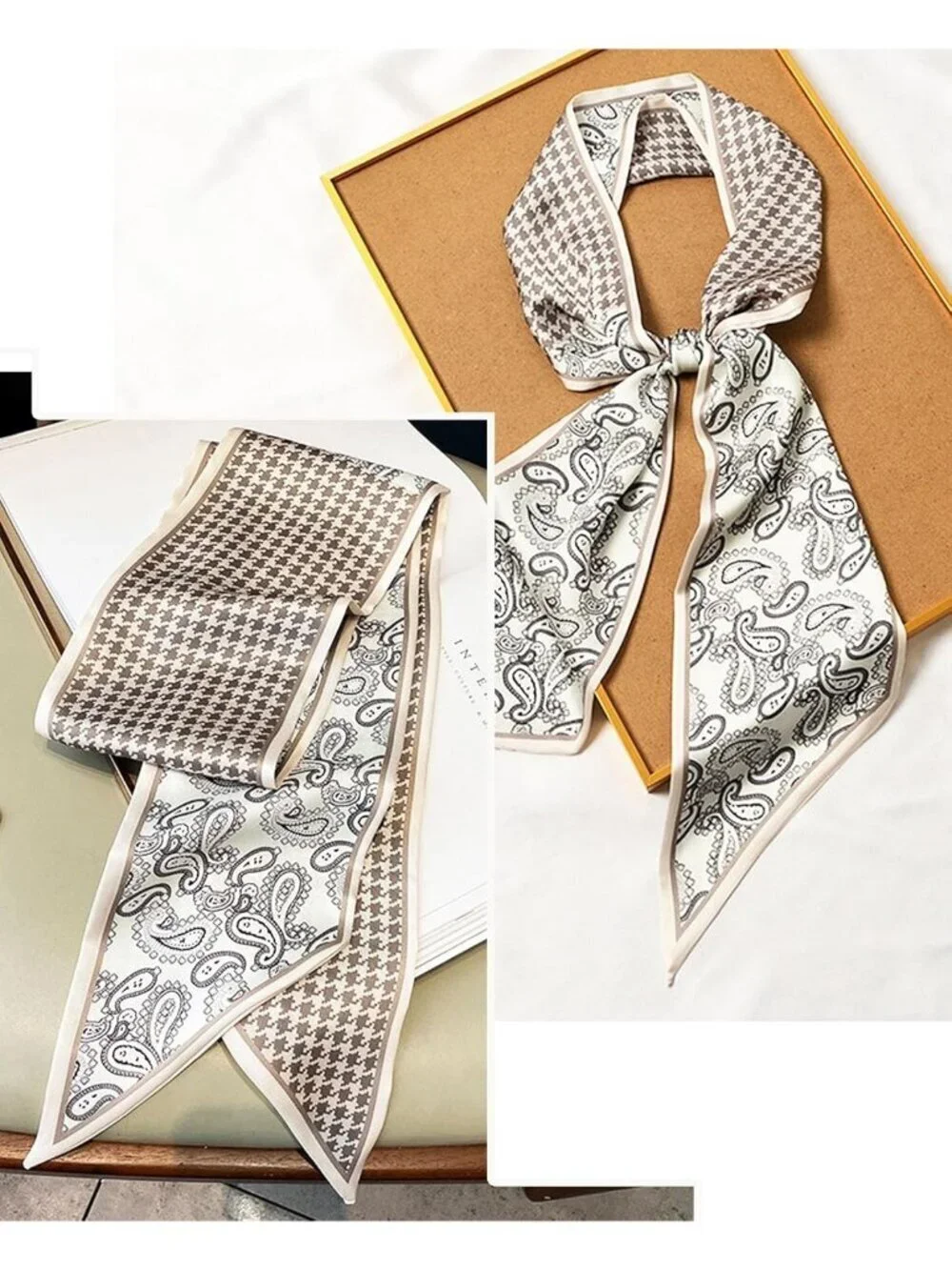 Women's Baige Grey Cashew Silky Satin Headscarf Wrap Lightweight Scarves Scarf